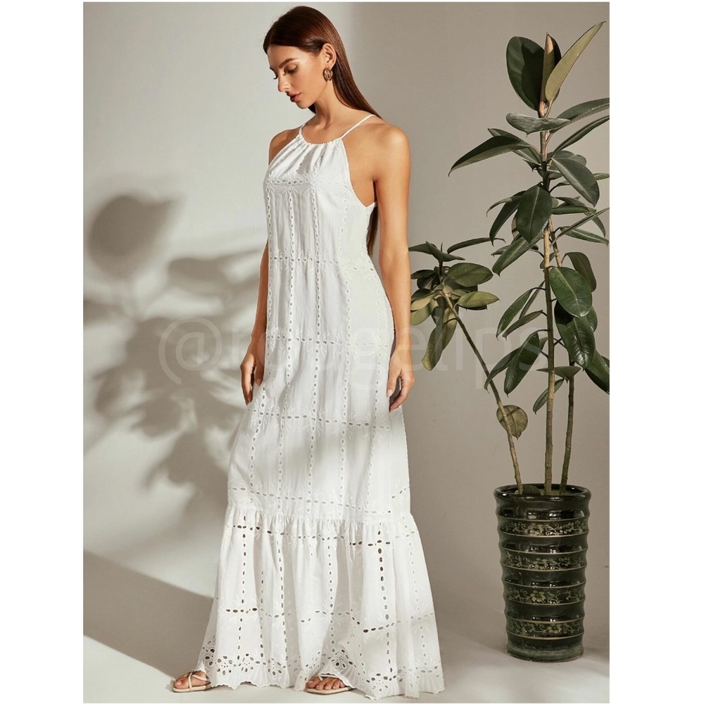 Eyelet White Halter Neck Maxi Dress A-Line Flowy Long Sleeveless - Picture 5 of 6